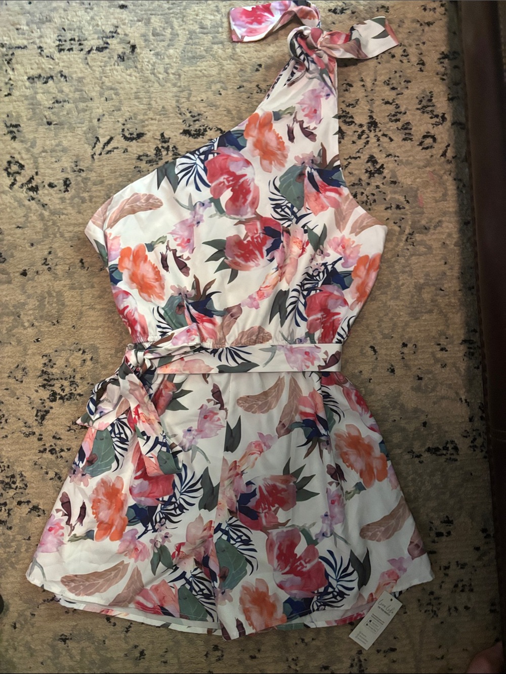 Cupshe One-Shoulder Floral Romper in White with Pink, Orange and Green